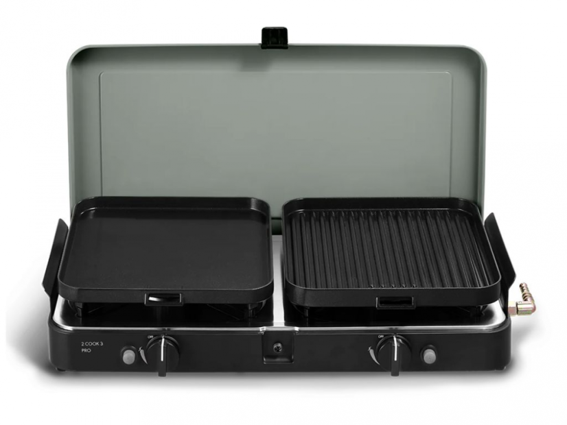 Kempový vařič Pro Deluxe dvouplotýnkový s grilovacími pánvičkami 30 mBar
